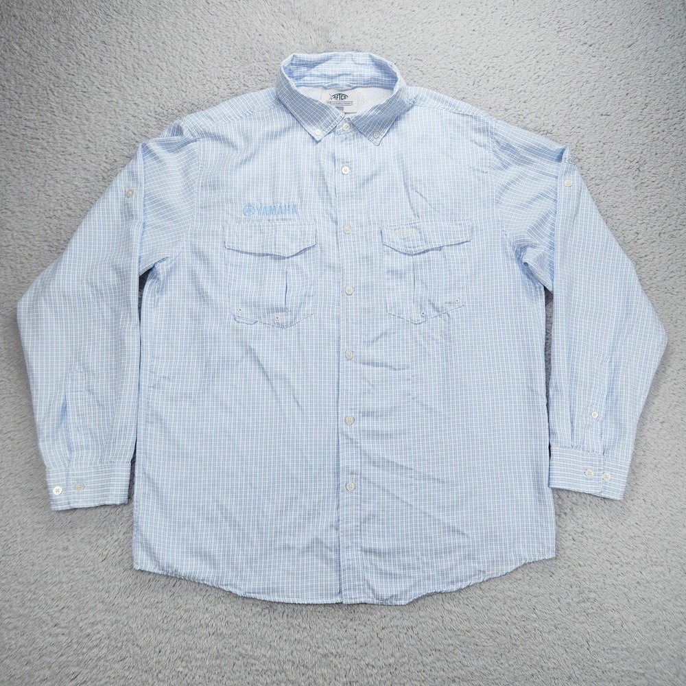 AFTCO AFTECH Shirt Mens Large Blue Check Yamaha Logo Fishing Button Up L/S